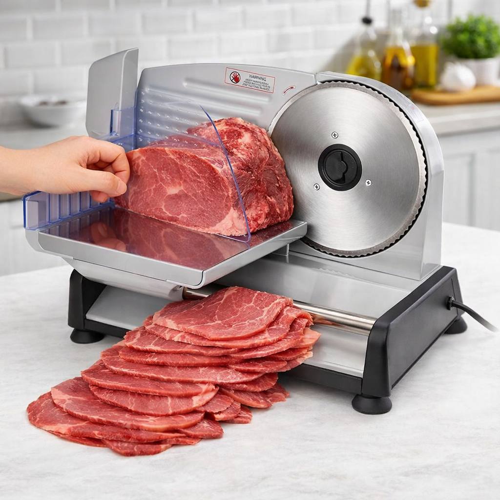 Adjustable electric bread slicer cutting artisan sourdough loaf