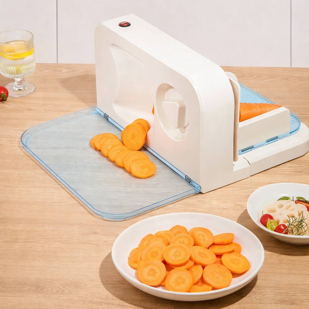Kitchen slicer machine cutting fresh carrots and vegetables