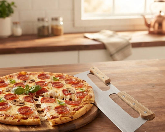 14 inch stainless steel rocker pizza cutter with wooden handles