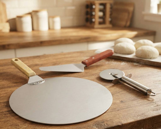 Stainless steel pizza peel cutter and server set