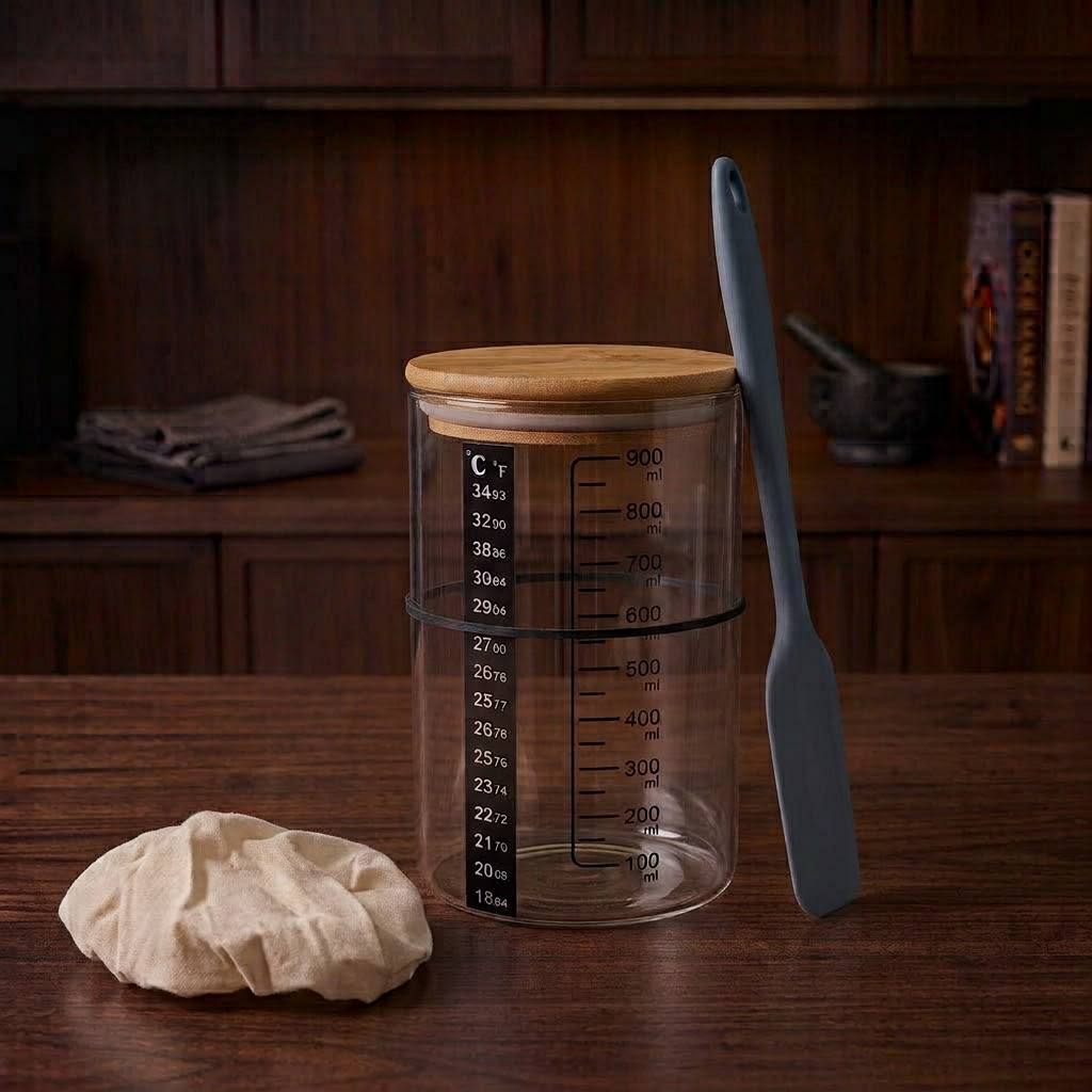 Reusable sourdough starter jar for home bread baking